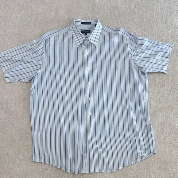 Austin Reed Men’s XL Short Sleeve Button Down 100% Cotton  Blue Striped Shirt - Picture 1 of 12